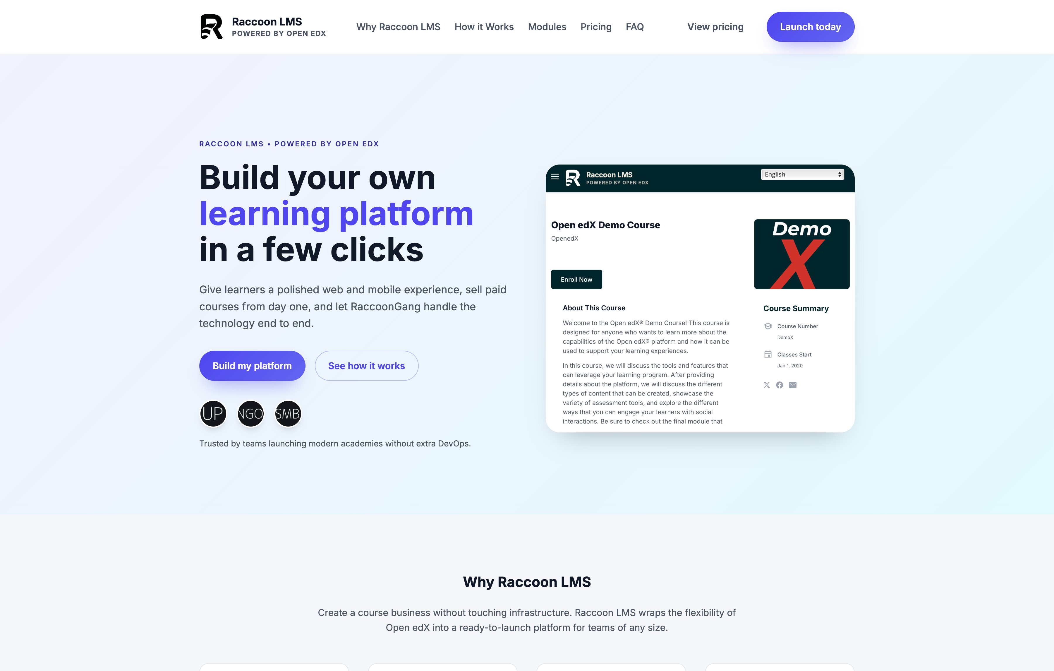 Raccoon LMS landing page screenshot