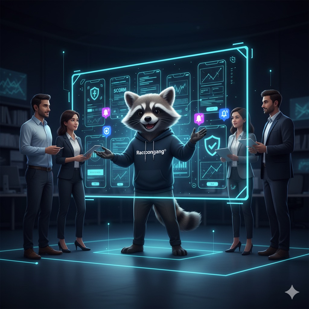 Raccoongang® mascot guiding a client through an Open edX® dashboard